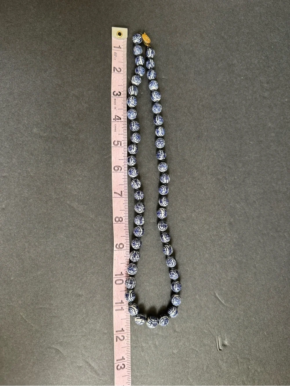 Vintage Chinese Shou Bead Necklace Blue White Porcelain Beaded Longevity 24